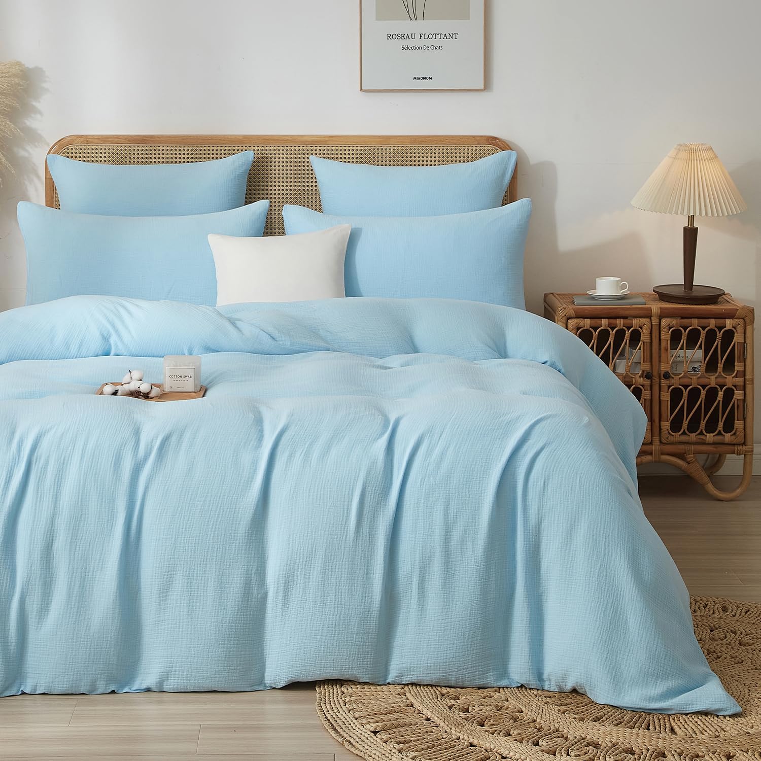 Thumbnail 3 de Luofanfei Housse de Couette en Gaze de Coton 240 x 220 cm – Bleuet Clair, Ensemble 2 Personnes + 2 Taies 65 x 65 cm