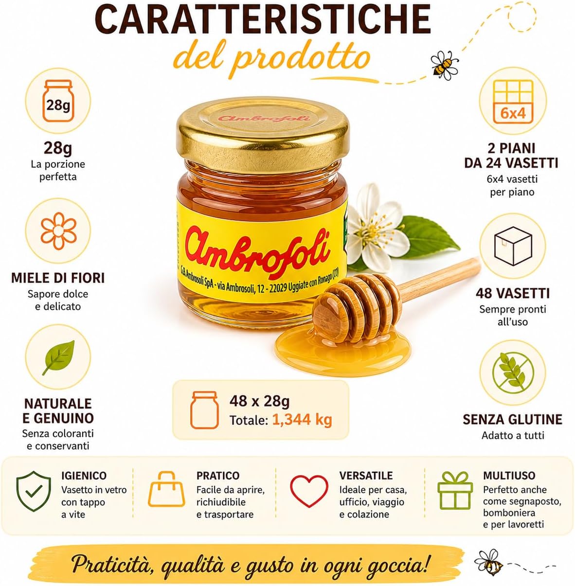 Detalle de Ambrosoli 48 Porzioni Miele di Fiori 28g – Miele Monodose Pratico per Casa, Ufficio e Colazione