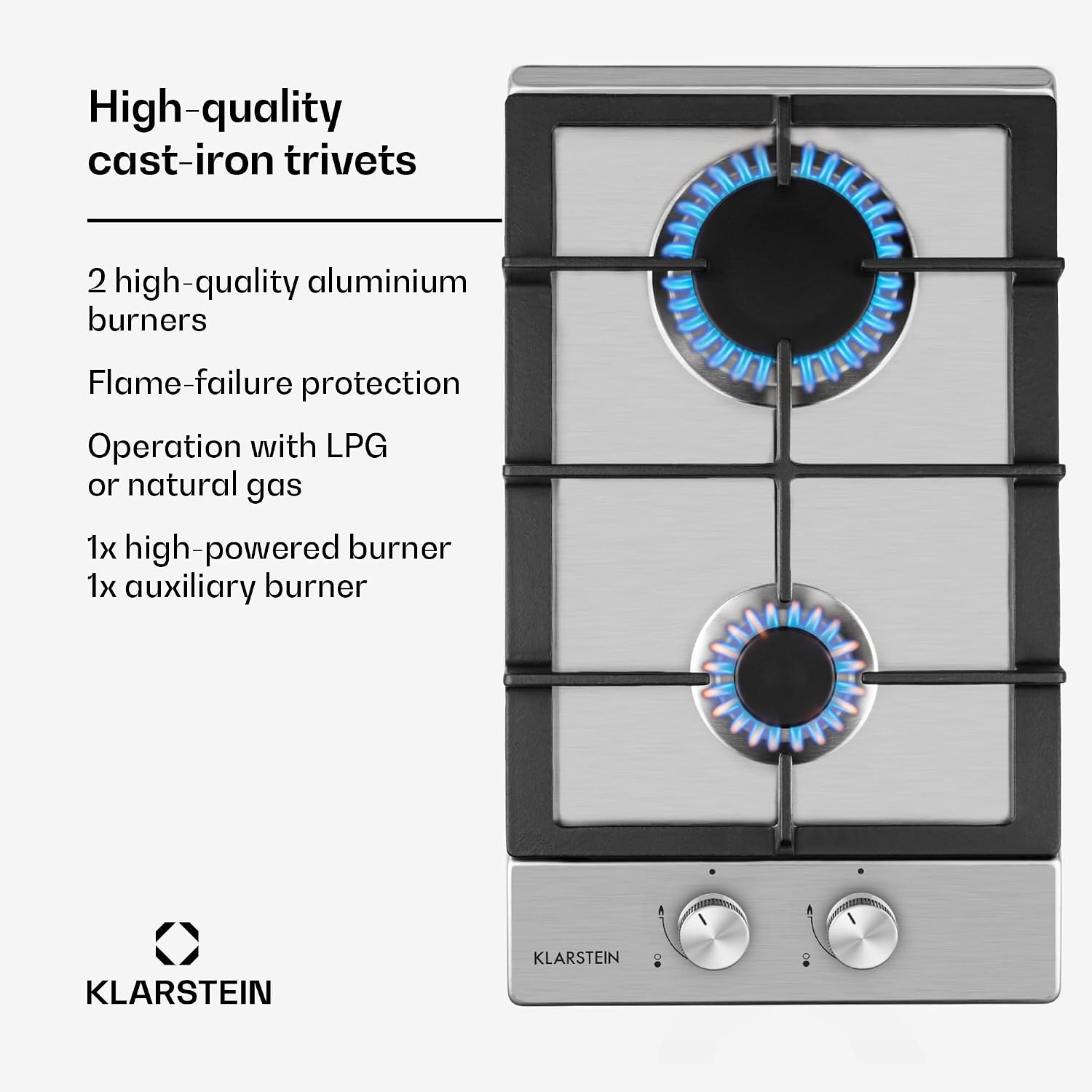 Detalle de Klarstein DSM-90400-gnit 2-Burner Built-In Gas Hob, 4 kW, Stainless Steel