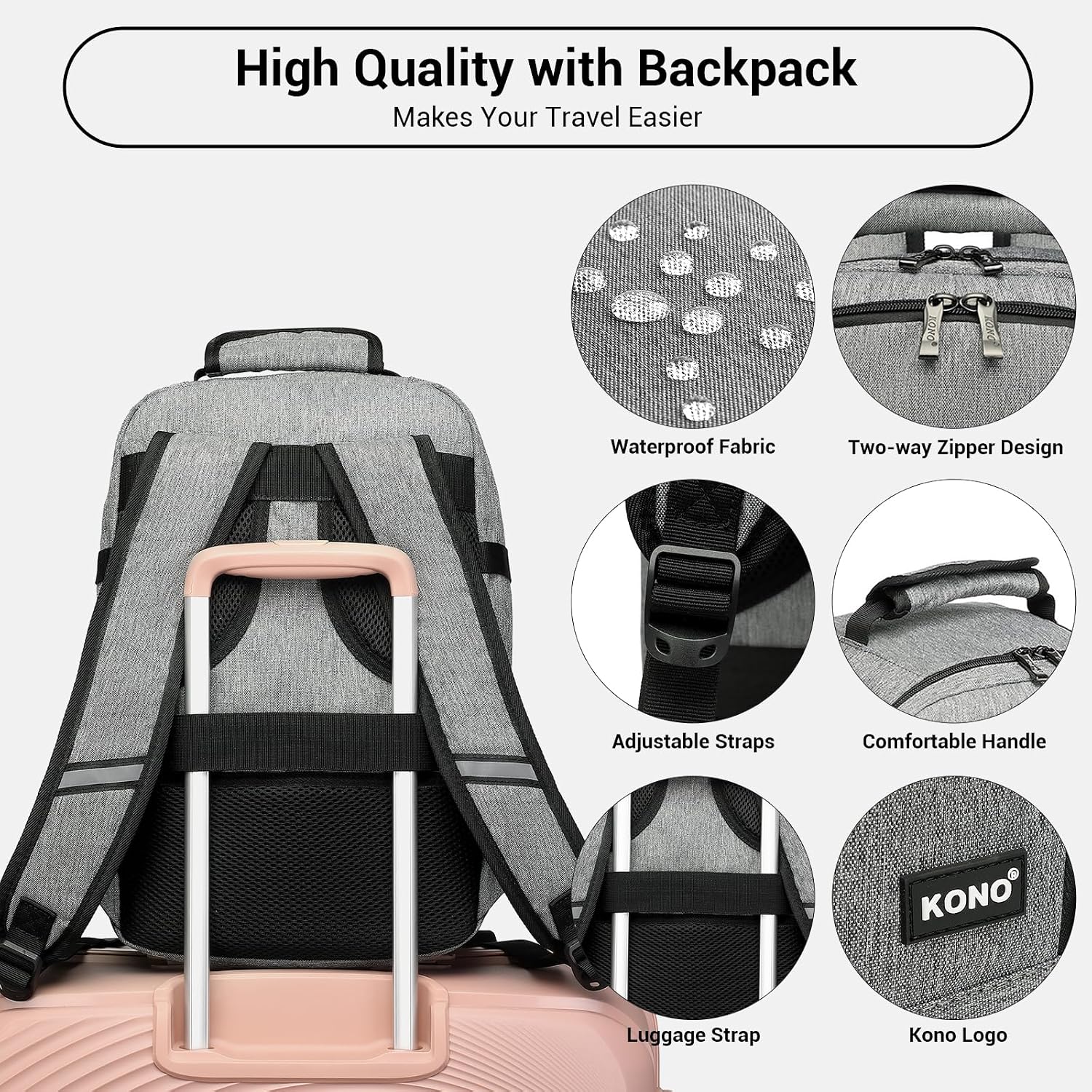 Thumbnail 4 de Kono 20L Travel Backpack in Grey with Padded 15.6-inch Laptop Compartment