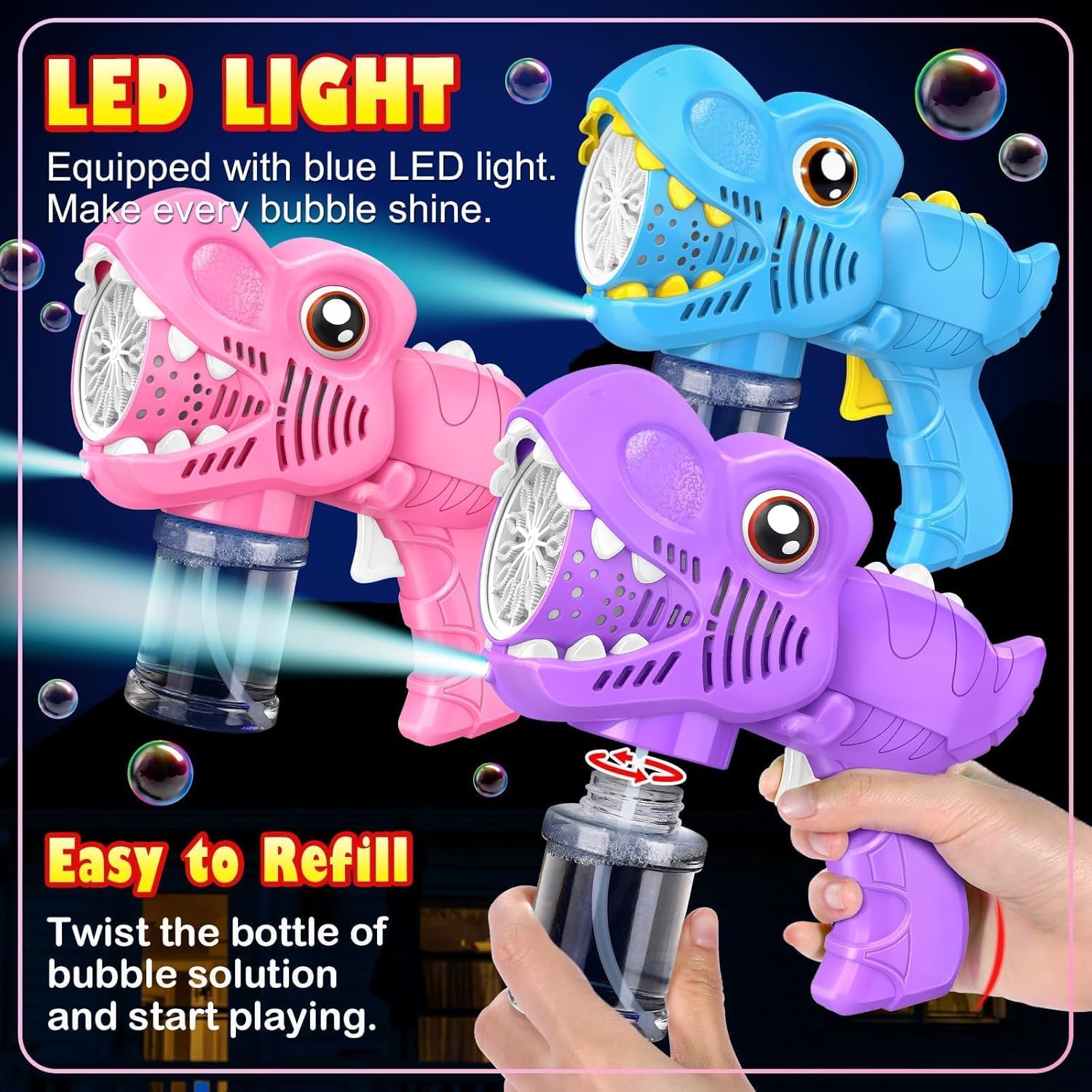 Thumbnail 2 de 3PC Bubble Gun for Kids with 3 Bottles Solutions – LED Bubble Blaster (Blue, Pink, Purple)