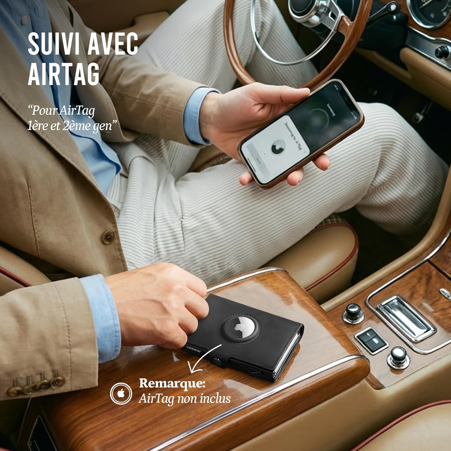Detalle de YESIIW Porte Carte Airtag en cuir véritable – Pop-up, RFID et emplacement AirTag