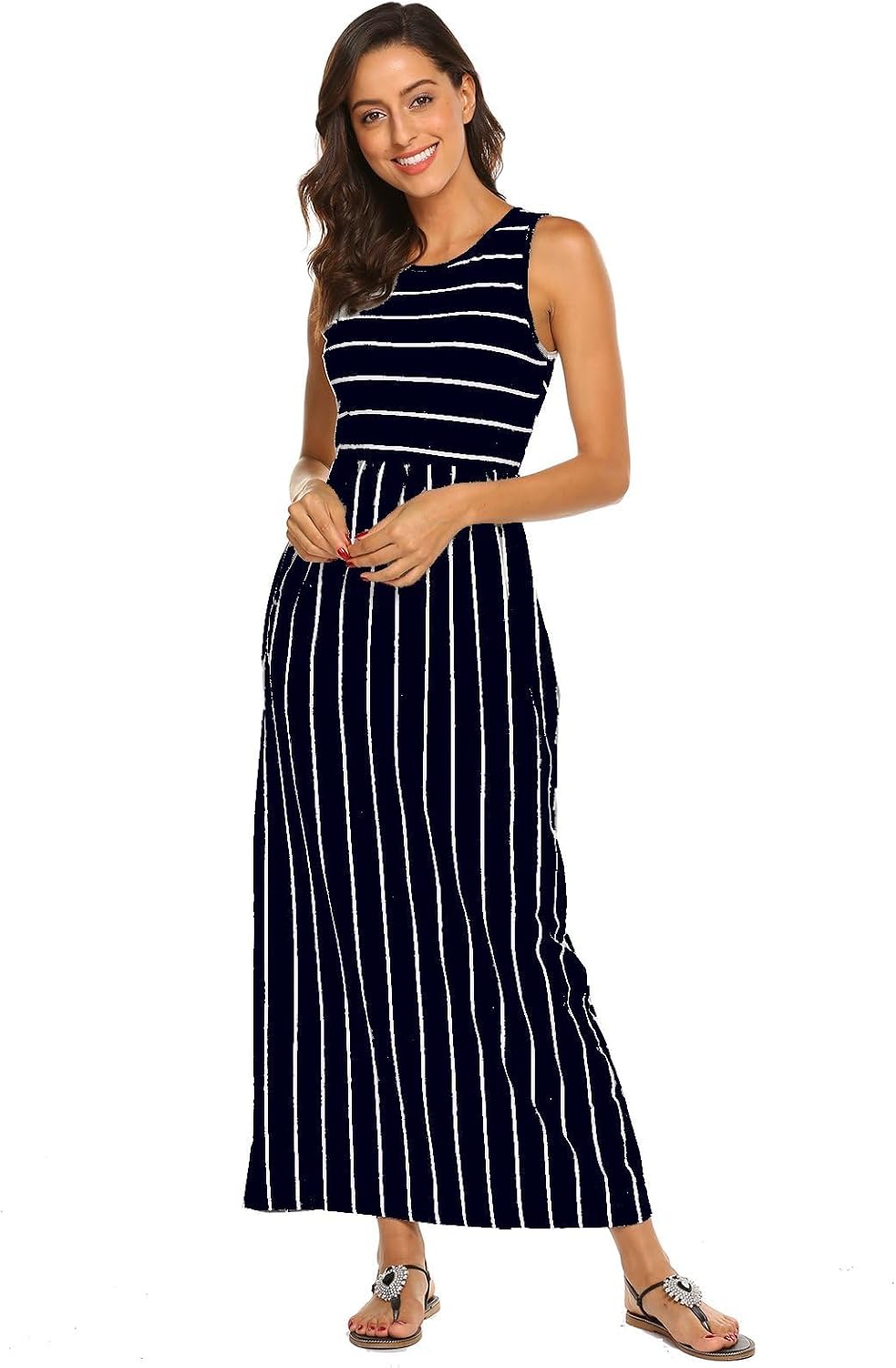 Detalle de BDTECAOR Maxikleid Damen – Sommer Boho, Ärmel-los, Strandlook mit elastischem Bund