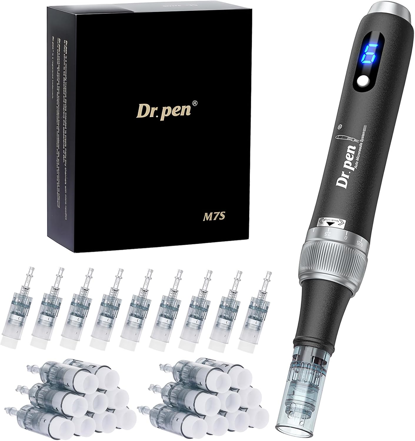 Detalle de Dr. pen Ultima M7S microneedlingpen met 6 snelheden en 27 cartridges