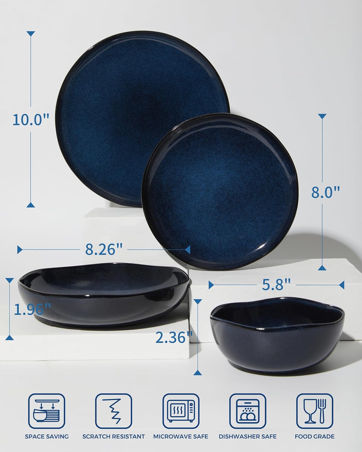 Detalle de Pokini 32-Piece Starry Blue Dinnerware Set with Pasta Bowls for Eight