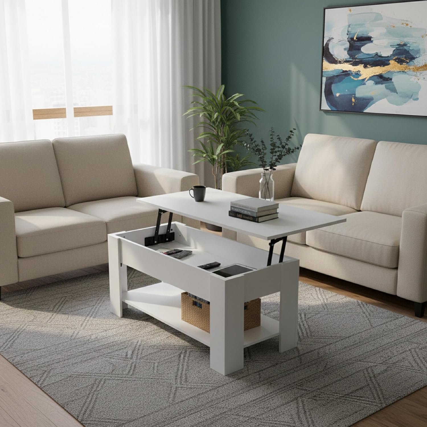 Detalle 2 de Baroni Home Tavolino da Caffè con Piano Sollevabile e Contenitore Interno – bianco, 100x40x41,5 cm