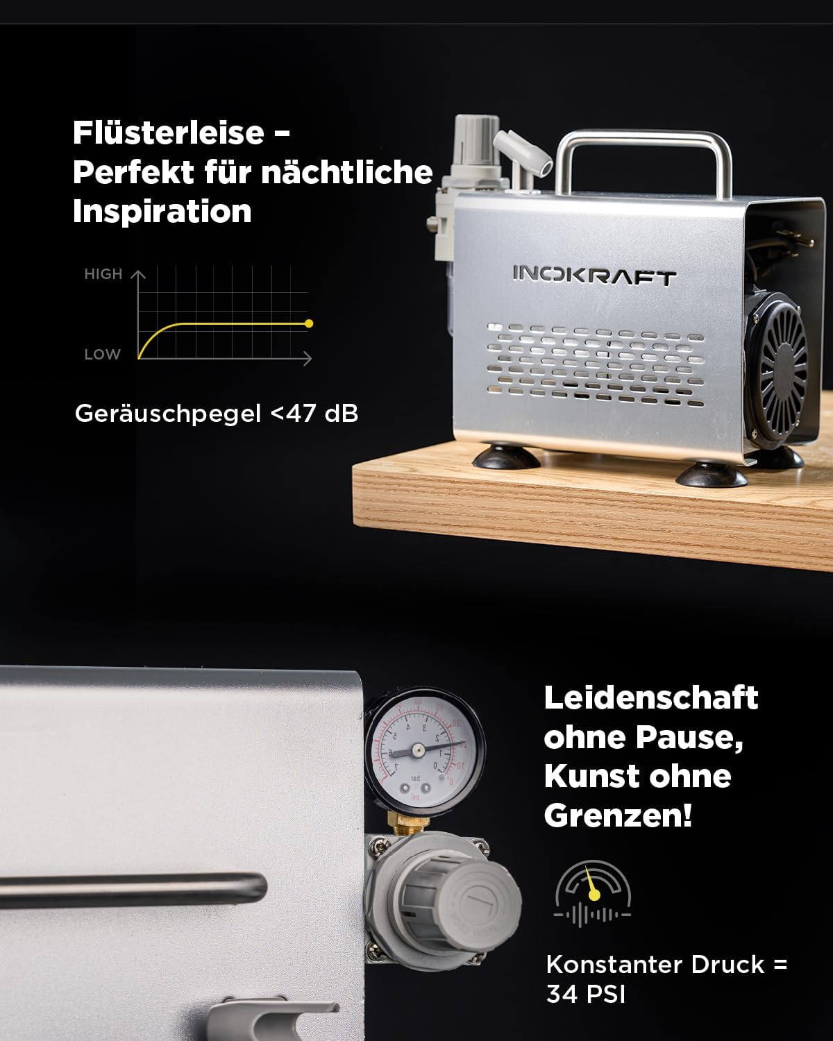 Detalle 2 de InoKraft Airbrush-Set mit Kompressor (1/6 HP), 3 Düsen (0,2 / 0,3 / 0,5 mm) & Airbrushpistole