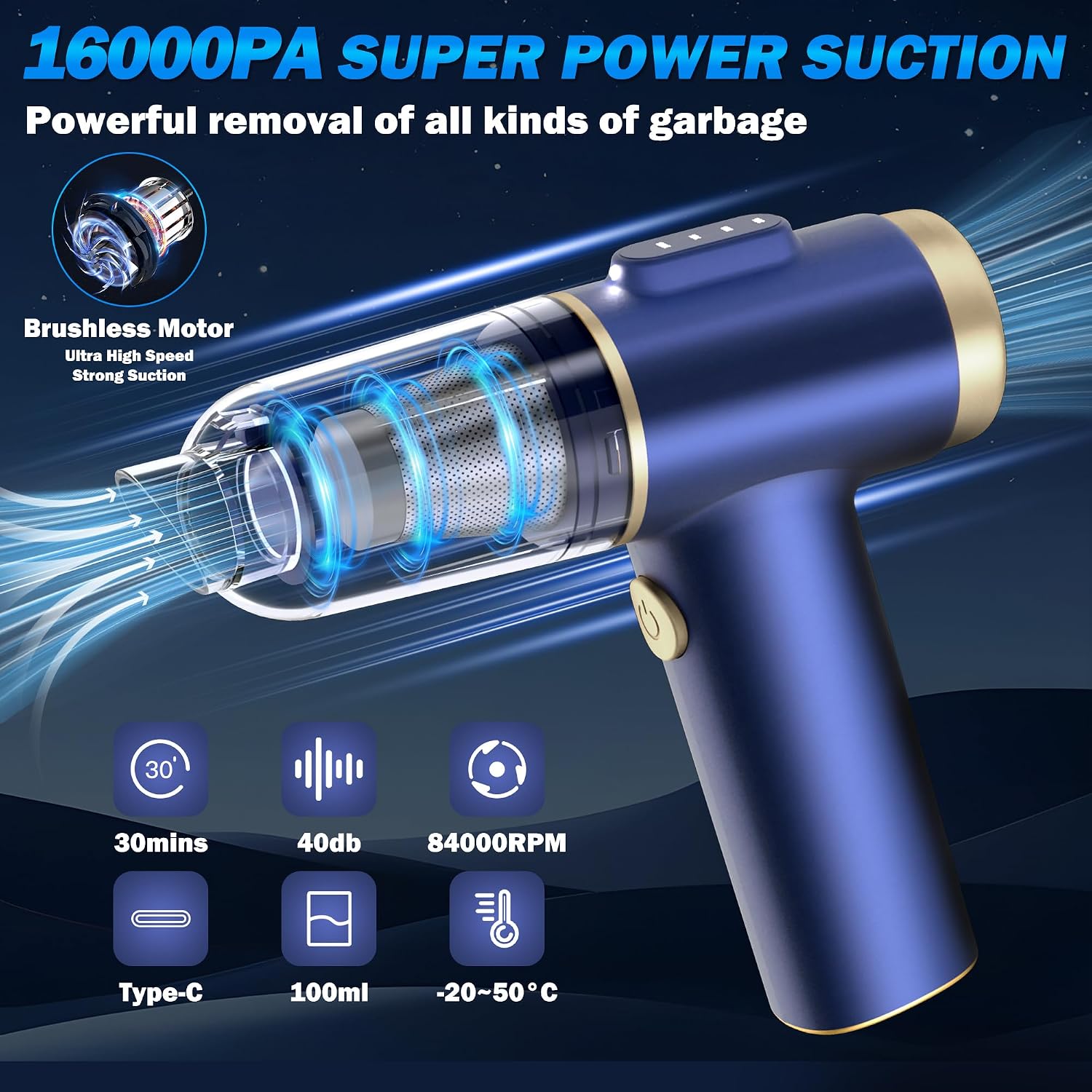 Thumbnail 3 de RLCHFEI 2-in-1 Handheld Car Vacuum Cleaner (21000Pa) with LED Light and 4 Nozzles – Cordless, Type-C Charge