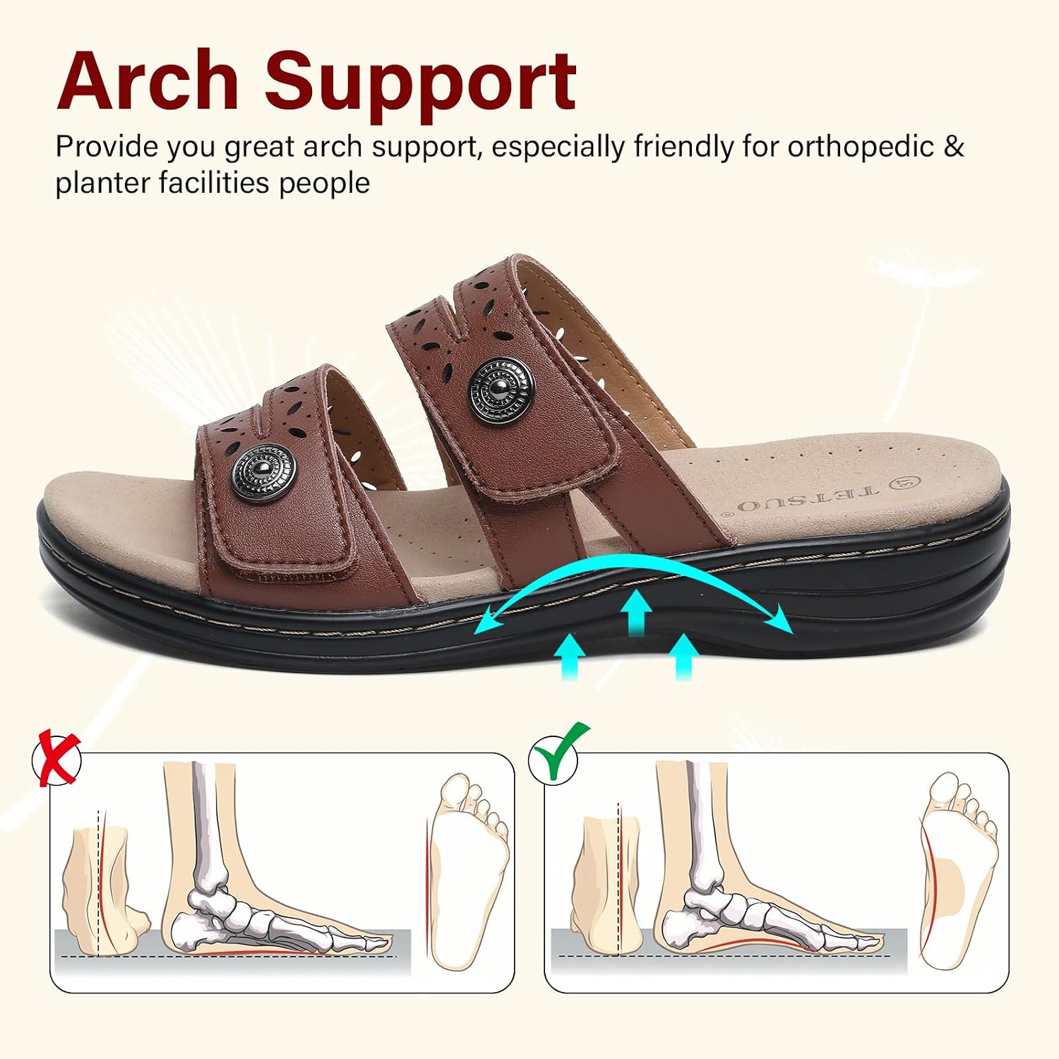 Detalle de TETSUO Women's Flat Sandals with Arch Support, Adjustable Straps and Open Toe Comfort