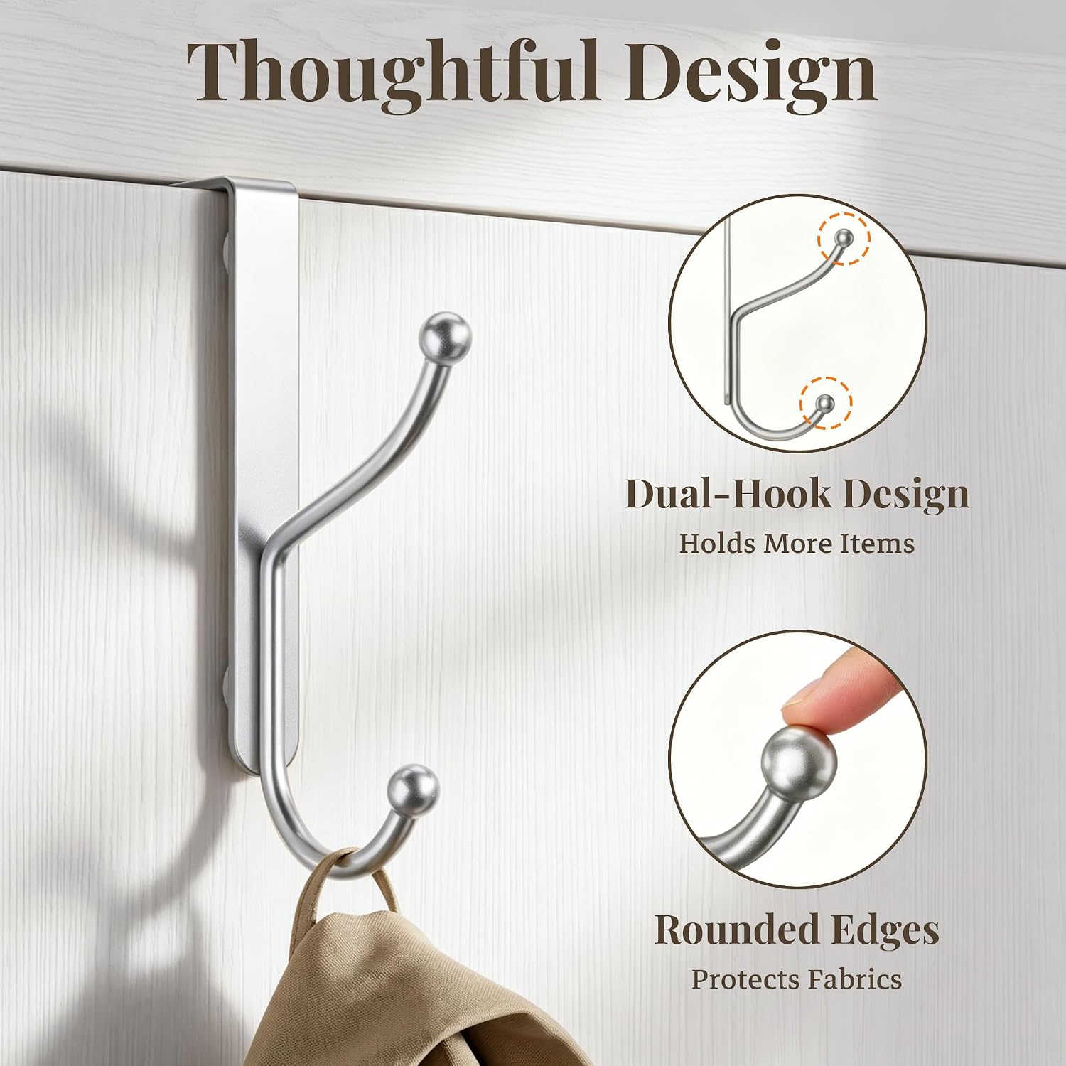 Detalle de niffgaff Over Door Hook 2-Pack, Silver Powder-Coated Metal, No-Drill Mount