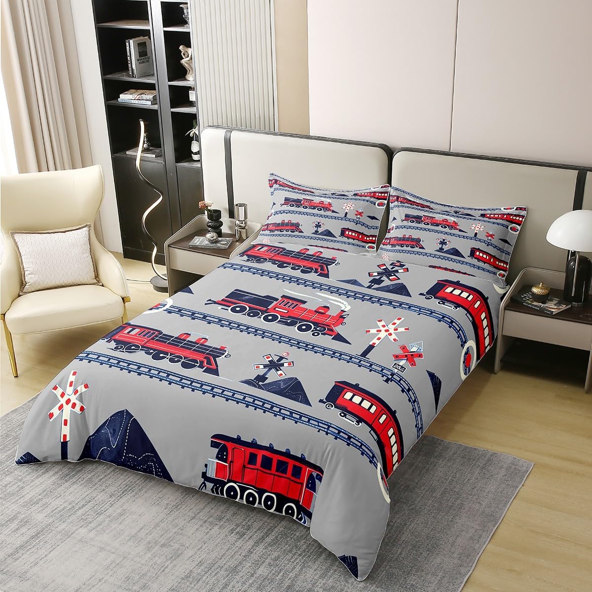 Detalle de Netter Zug Bettbezug 135x200 aus 100% Baumwolle – Grau-Rot Dampflok mit Kinderdesign