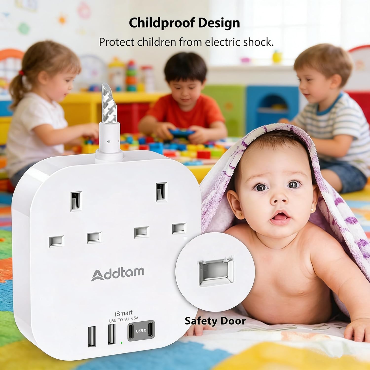 Thumbnail 4 de Addtam Extension Lead Power Strip with 2 Way Outlets, 4 USB Ports and 5m Braided Cord (Surge Protection)