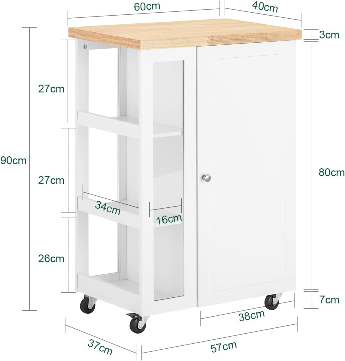 Detalle de SoBuy FKW75-WN keukentrolley met glazen deur en verstelbare planken