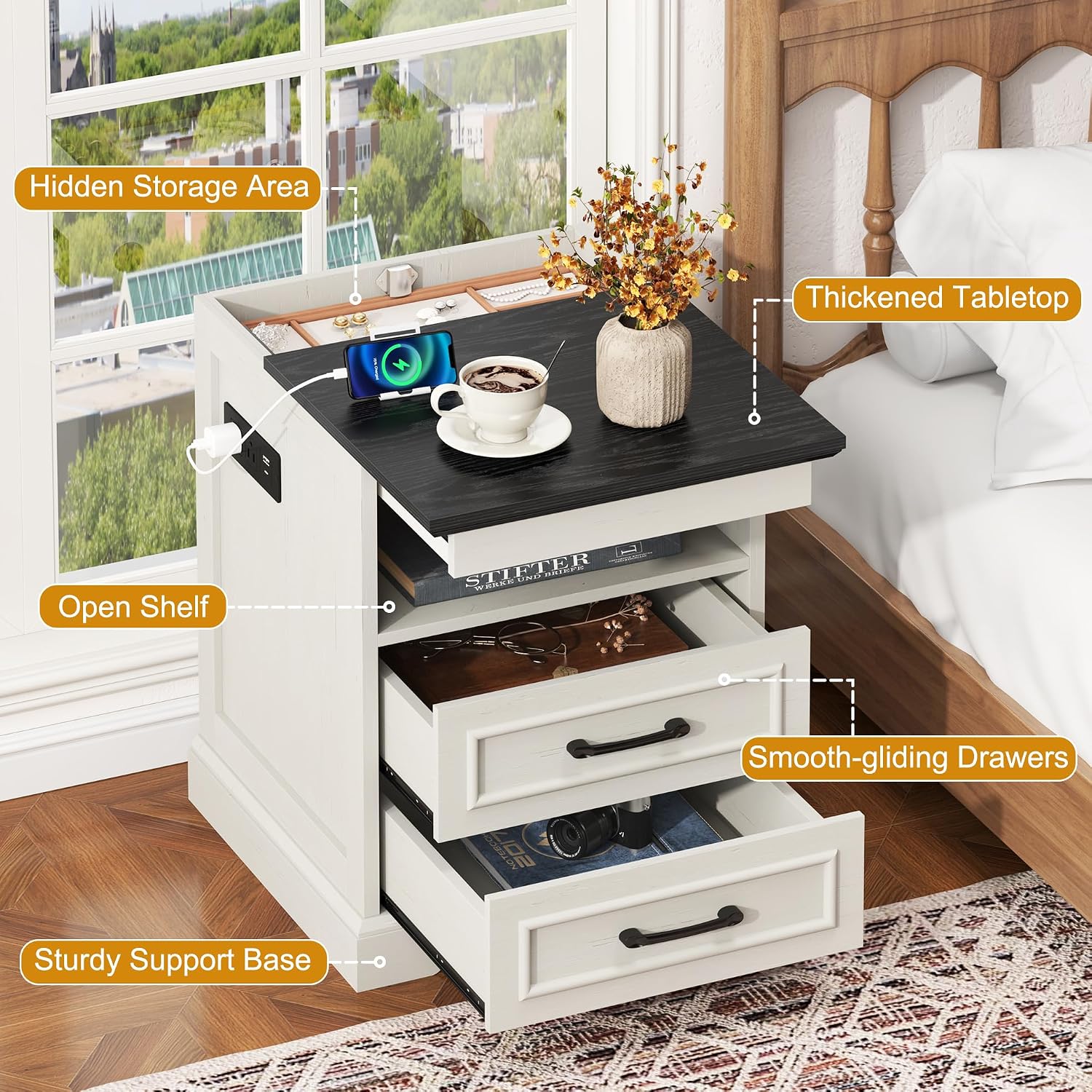 Thumbnail 3 de Yusong Nightstands Farmhouse Bedside Table with Charging Station and 2 Drawers