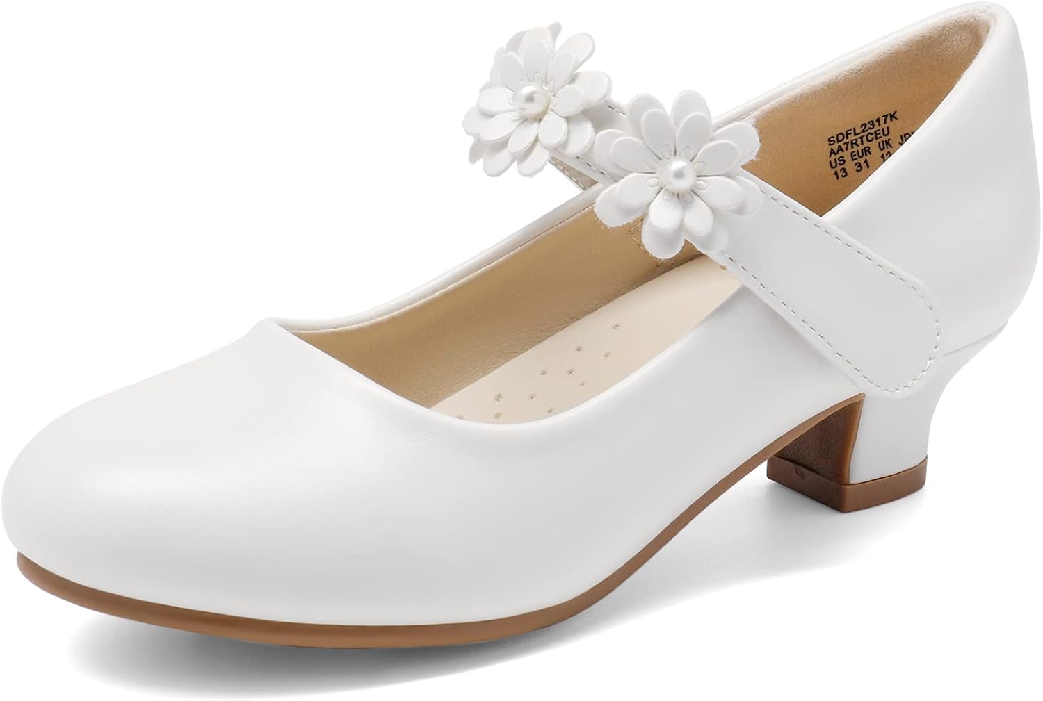 Detalle de DREAM PAIRS Mary Jane con cinturino floreale per ragazze, ballerine con tacco basso e punta rotonda