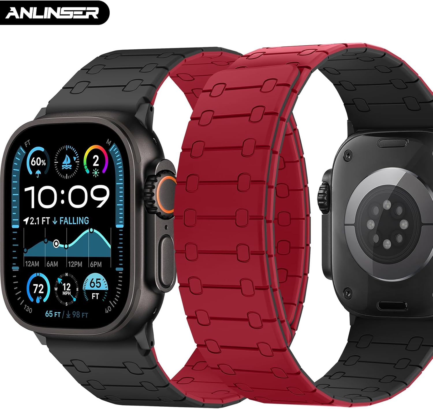 Thumbnail 1 de Anlinser Magnetic Silicone Watch Strap for Apple Watch Ultra & Series (49mm–42mm) in Red/Black