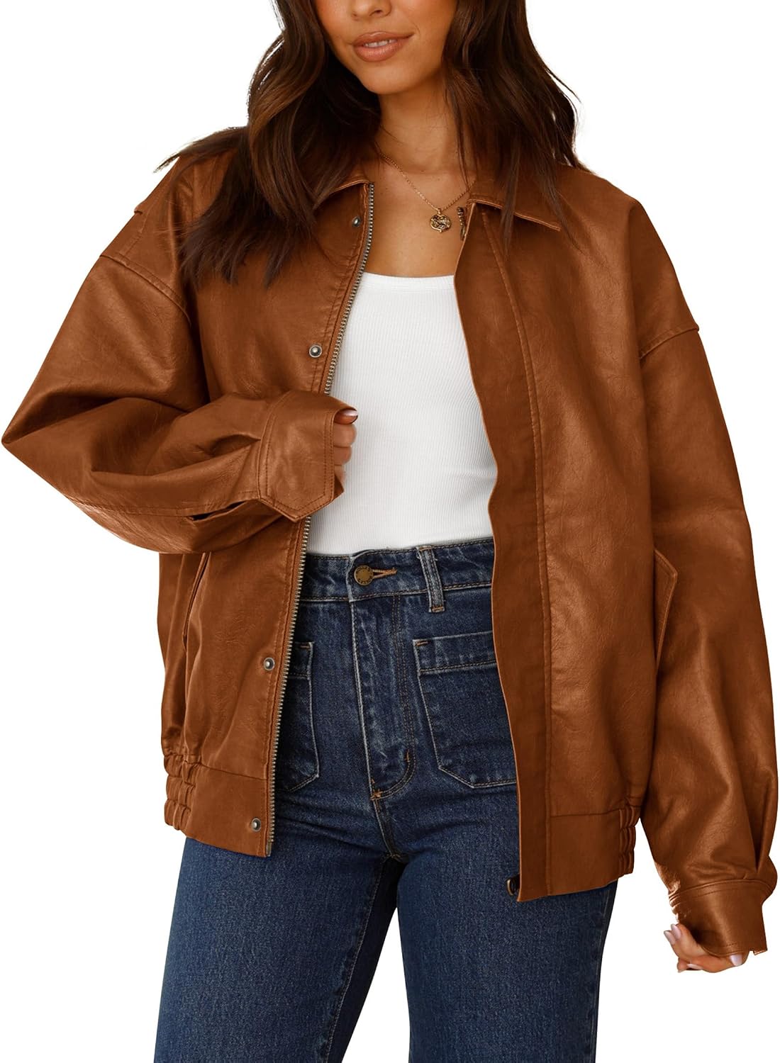 Detalle de PRETTYGARDEN Women's Faux Leather Motorcycle Jacket