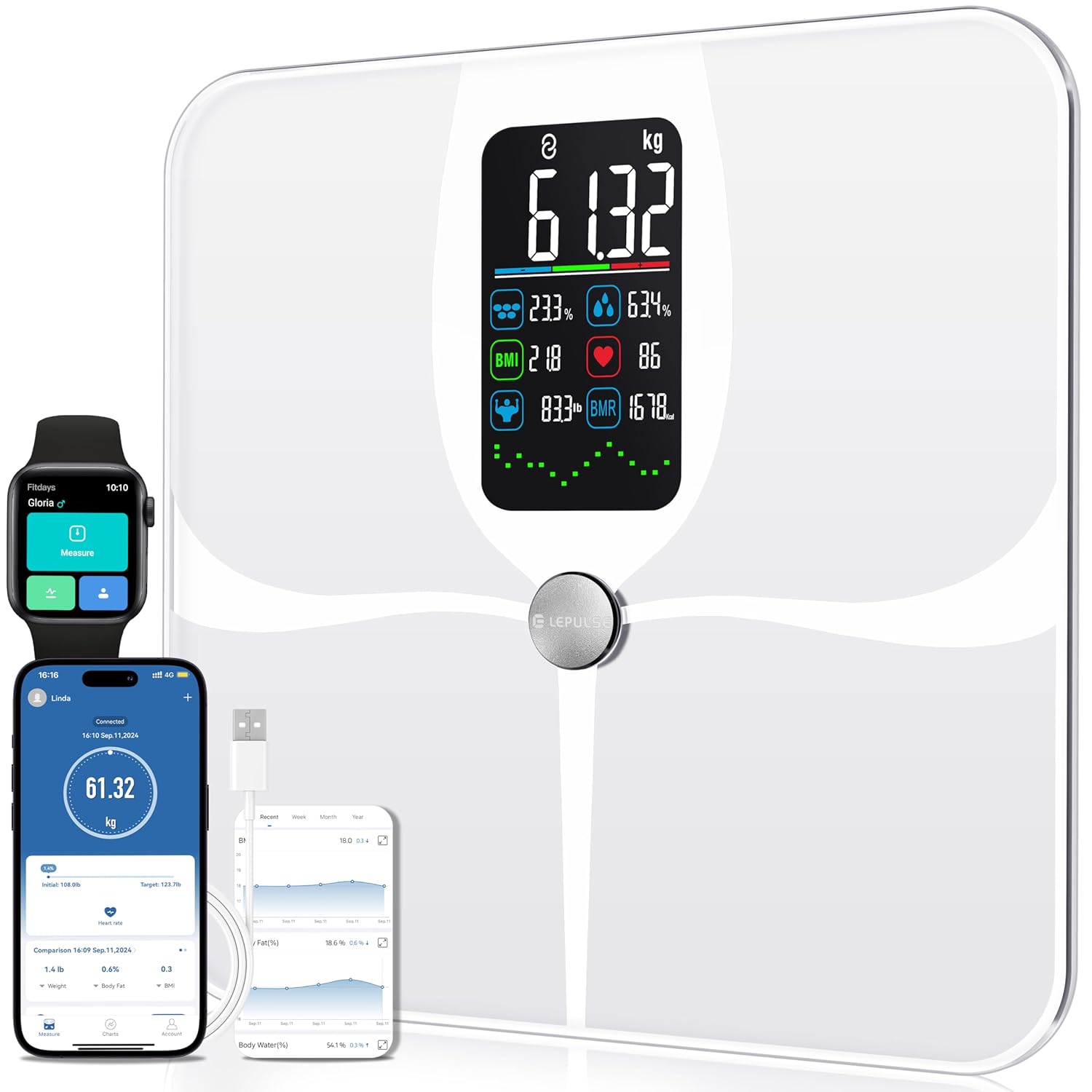 Lepulse Balance Impédancemètre Balance Intelligente Grand Écran (Fitdays, Bluetooth) : 22 mesures de composition