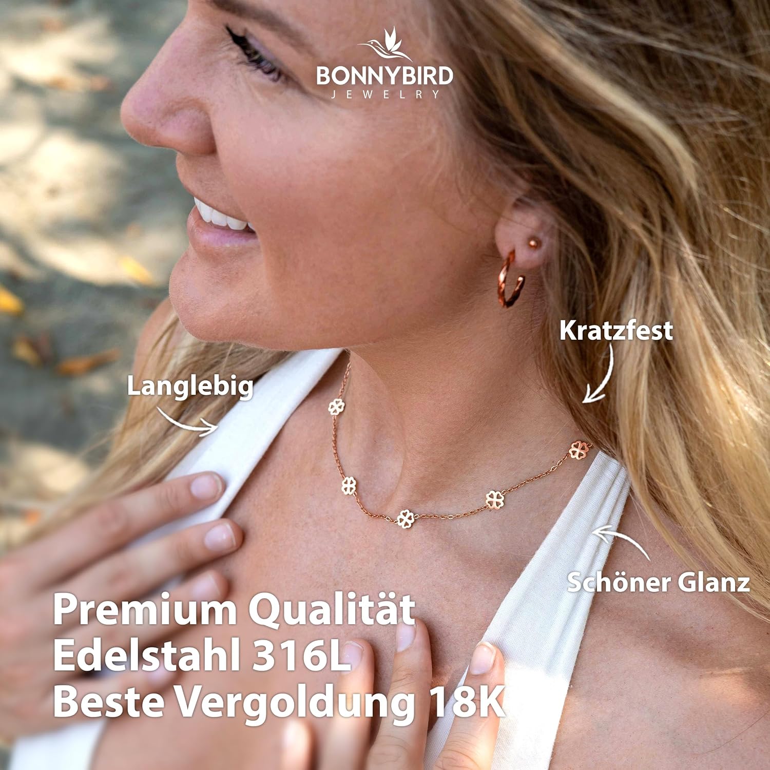 Detalle de BONNYBIRD Wasserfeste Edelstahl Halskette Damen – Kleeblatt, verstellbar 38–44 cm, Silber/Gold/Roségold