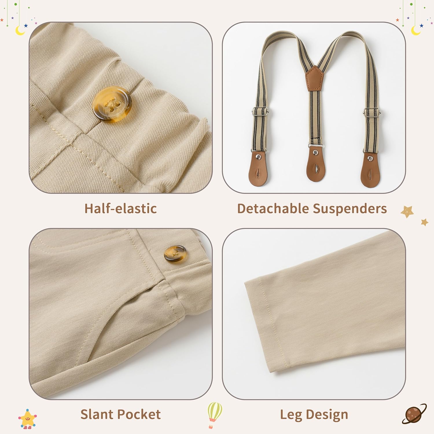 Thumbnail 5 de Volunoby Bébé Garçon Costume Gentleman 5 pièces : chemise + nœud papillon détachable + bretelles + pantalon + béret