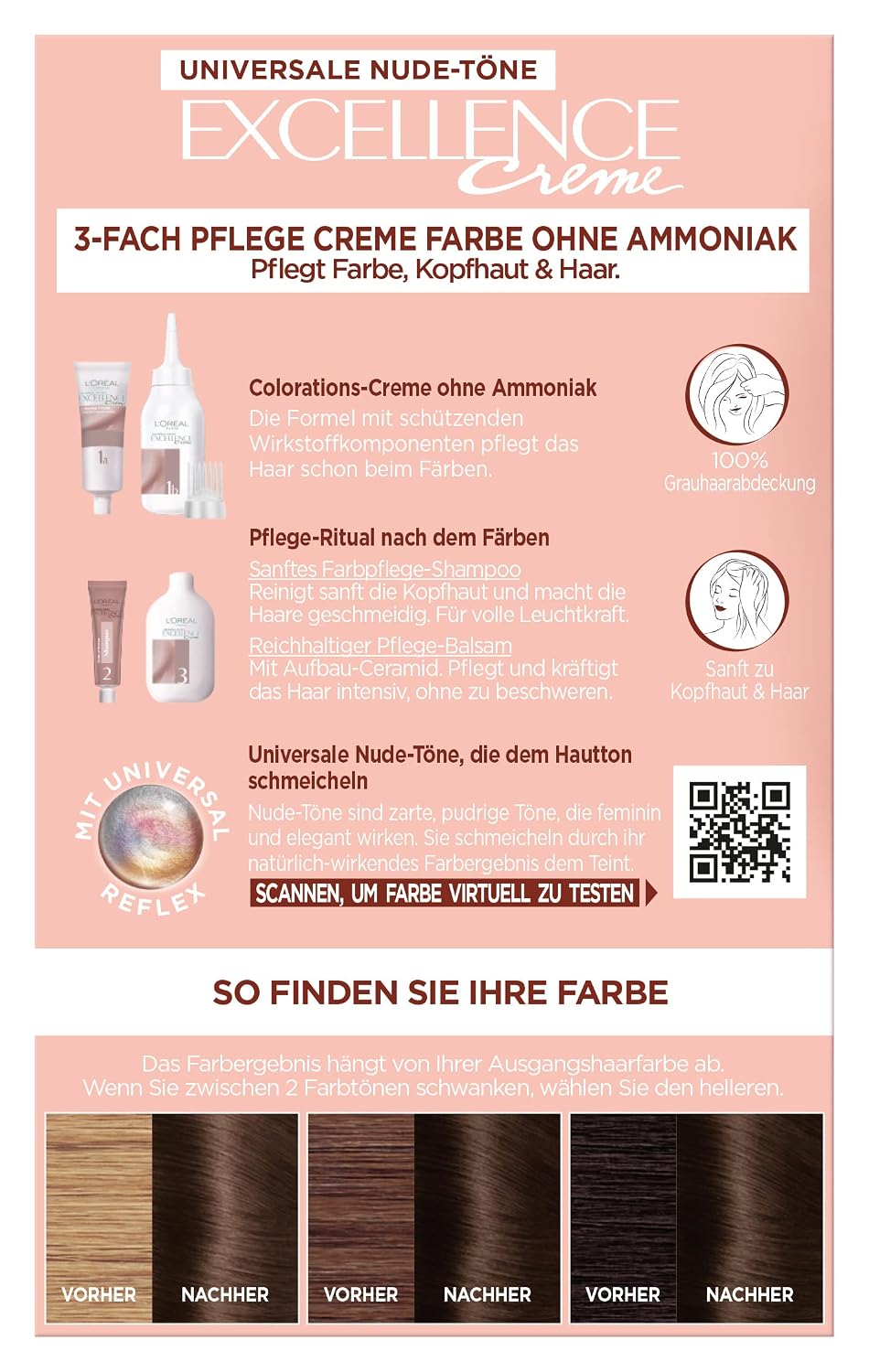 Detalle de L'Oréal Paris Excellence Creme Permanente Haarfarbe ohne Ammoniak, Nr. 4U Mittelbraun (Universal Nudes), 1 Stück