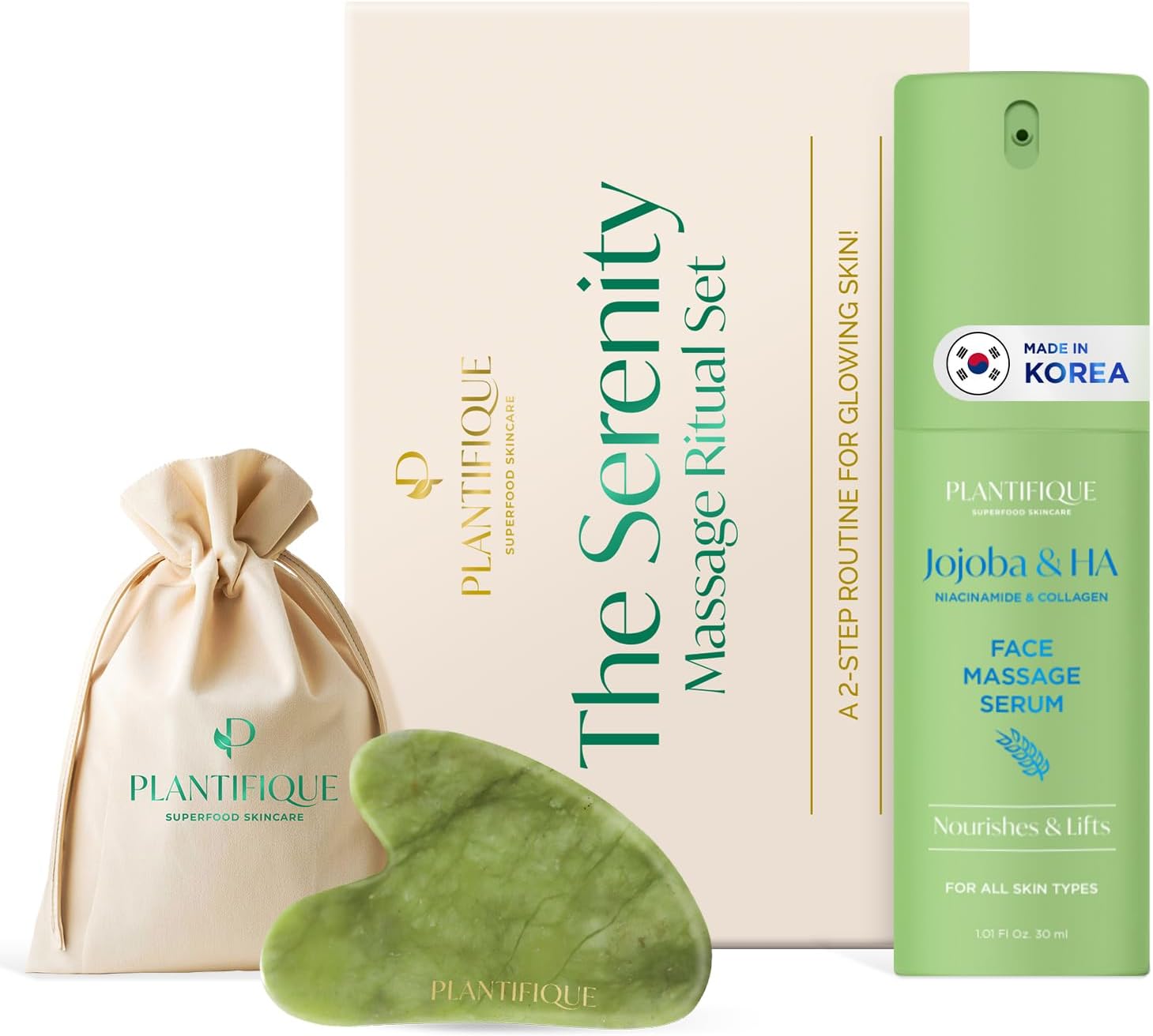 Detalle de PLANTIFIQUE Jade Gua Sha & Korean Face Serum Set (30ml) – Hydrating Glow