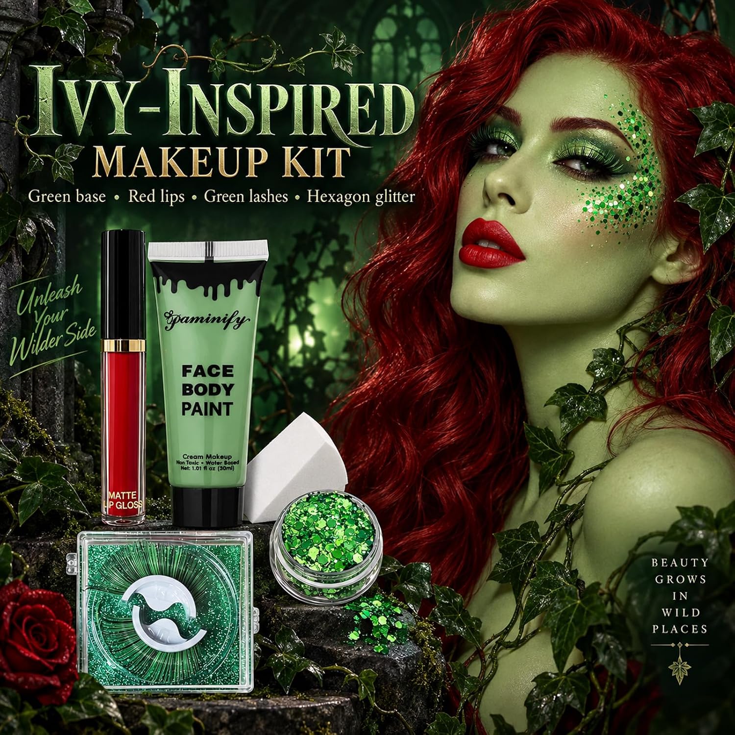 Detalle de Paminify Halloween Green Ivy Makeup Set with Green Paint, Glitter and Lashes
