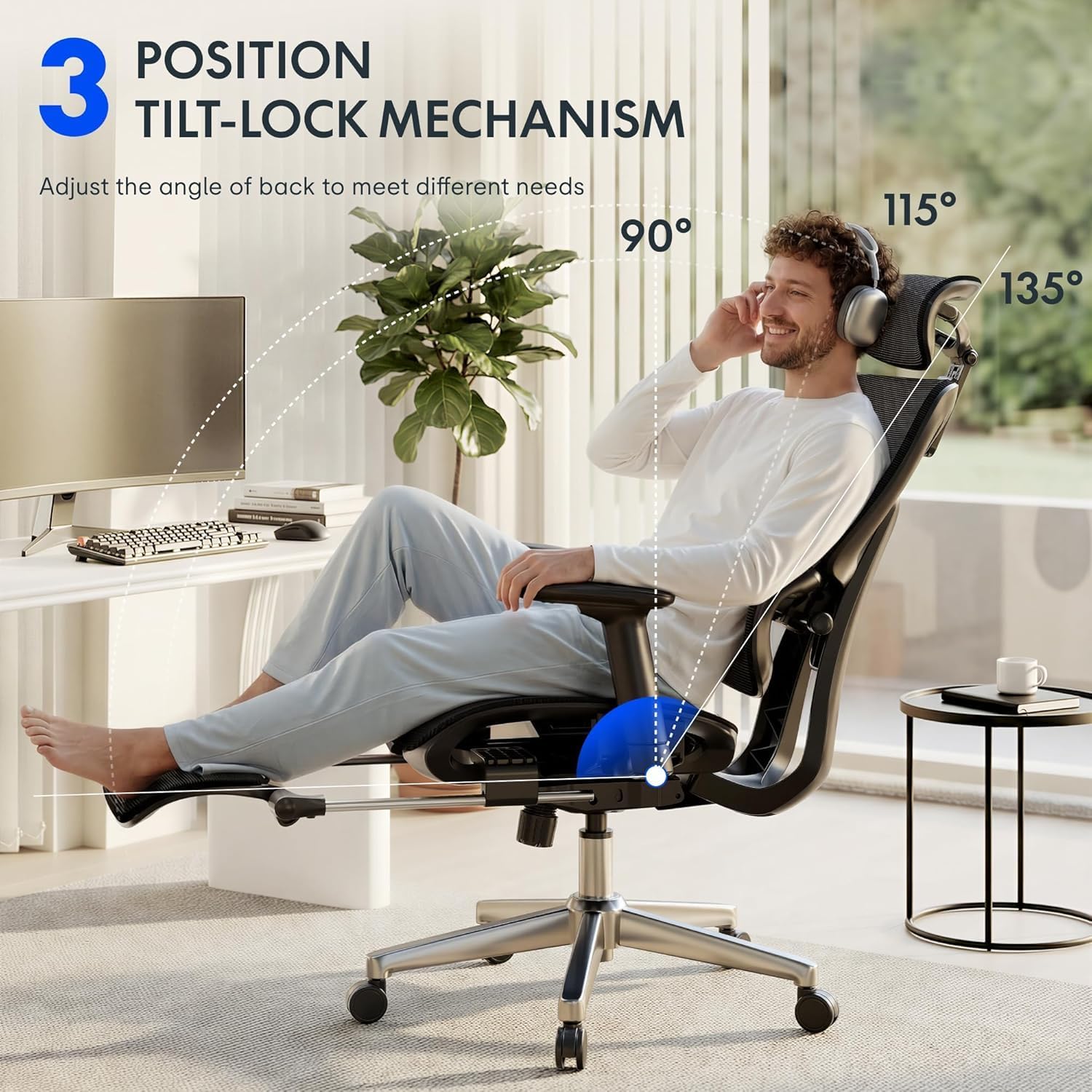 Detalle de FLEXISPOT ErgoX ergonomic office chair with footrest, 3D armrests and 3D headrest (grey)