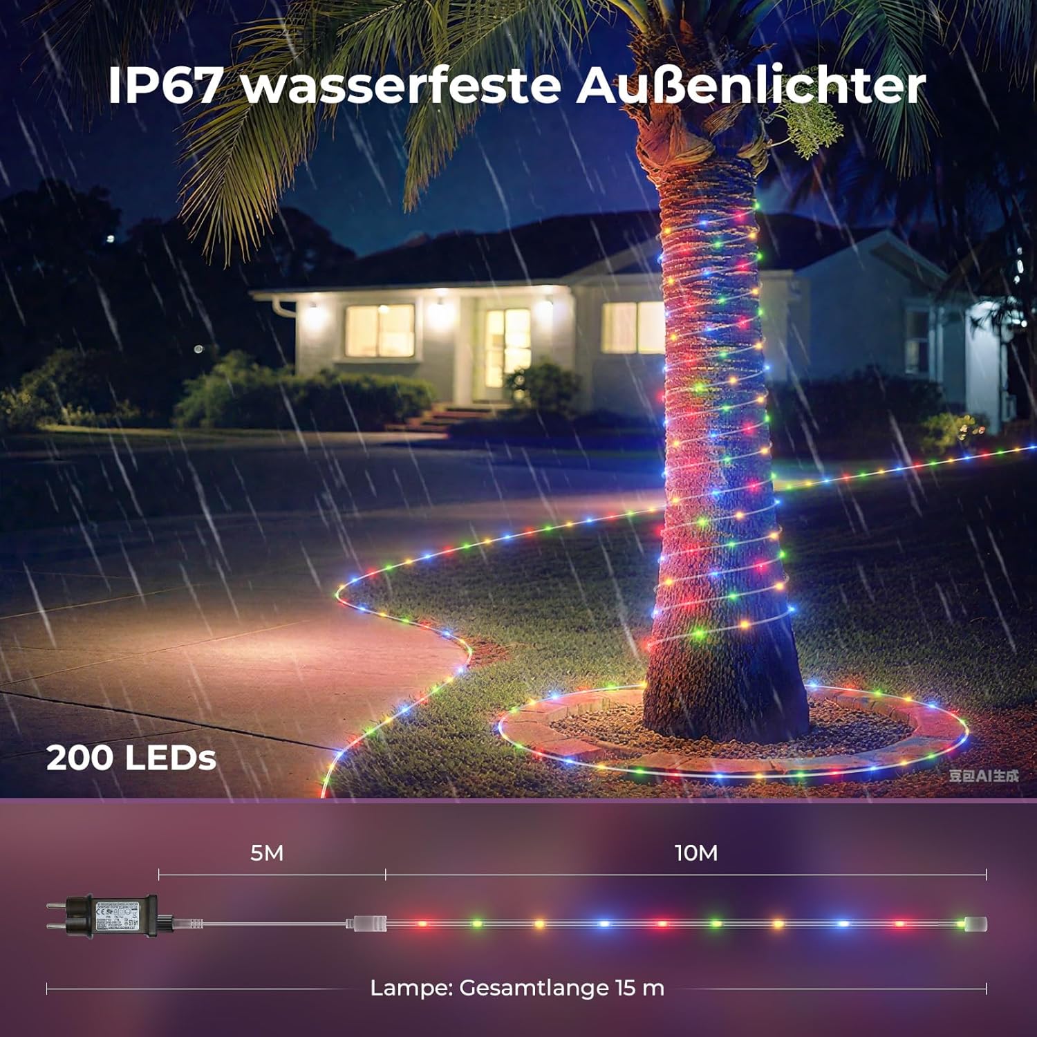 Thumbnail 2 de JVURICE Lichtschlauch 10M mit 200 LEDs – IP67 Außen- und Innenlichtkette, 8 Modi, dimmbar, Fernbedienung, Timer