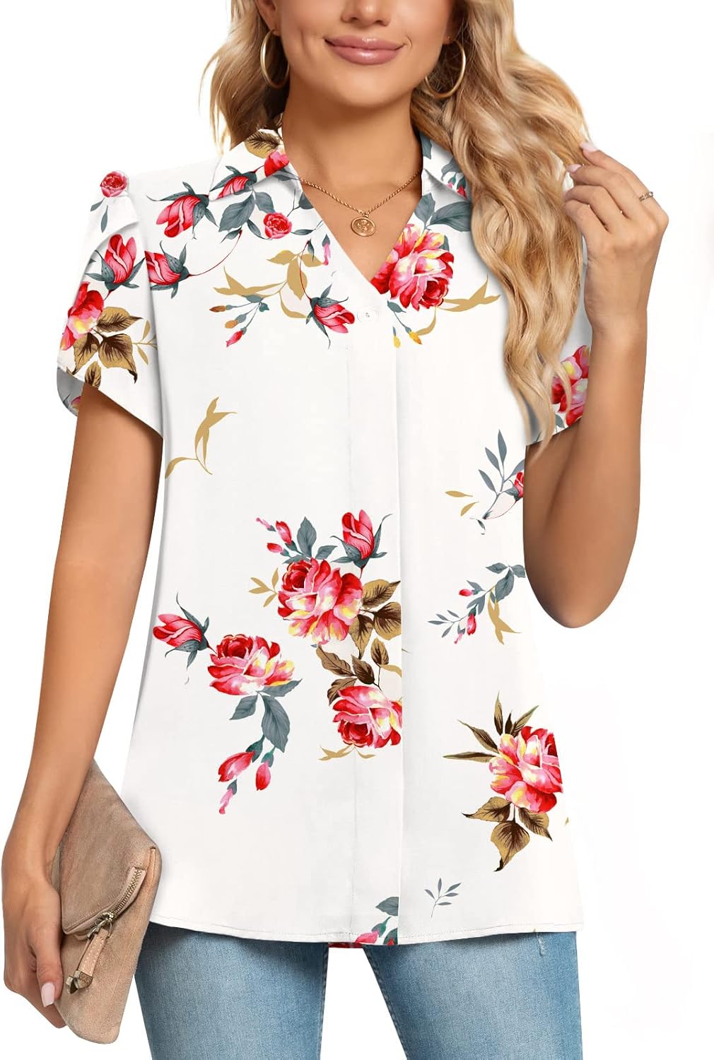 Thumbnail 6 de Aodemo Women's Summer Collared V Neck Chiffon Blouse Dressy Business Tunic