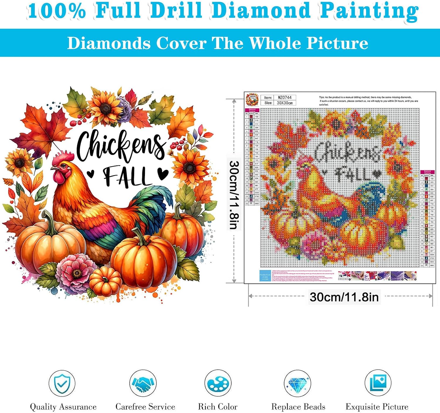 Detalle de Meothan Fall Chicken 5D Diamond Painting Kit, 12x12in Round Drills