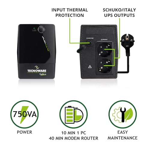 Detalle 2 de Tecnoware Power Systems UPS ERA PLUS 750VA: protezione affidabile per PC e modem, 2 Schuko