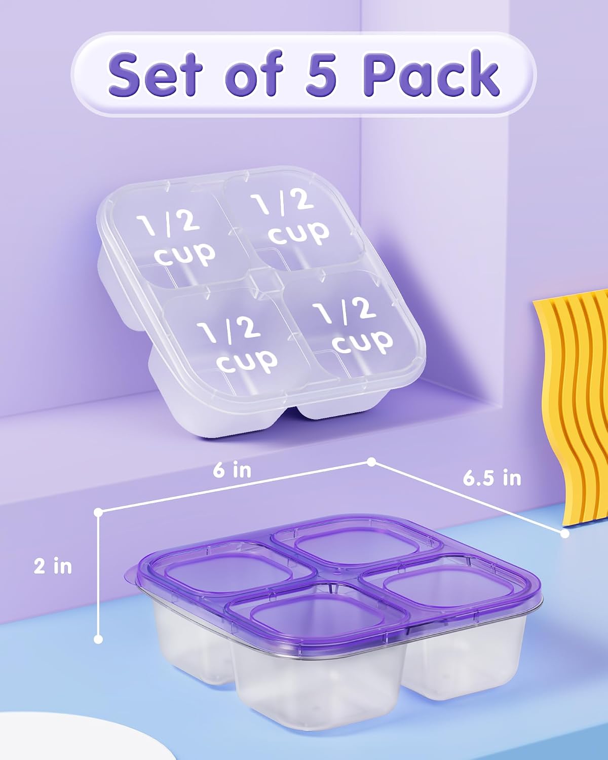 Detalle de Canfanni 5-Piece Bento Snack Containers, Clear 4-Compartment, 2-Cup Capacity