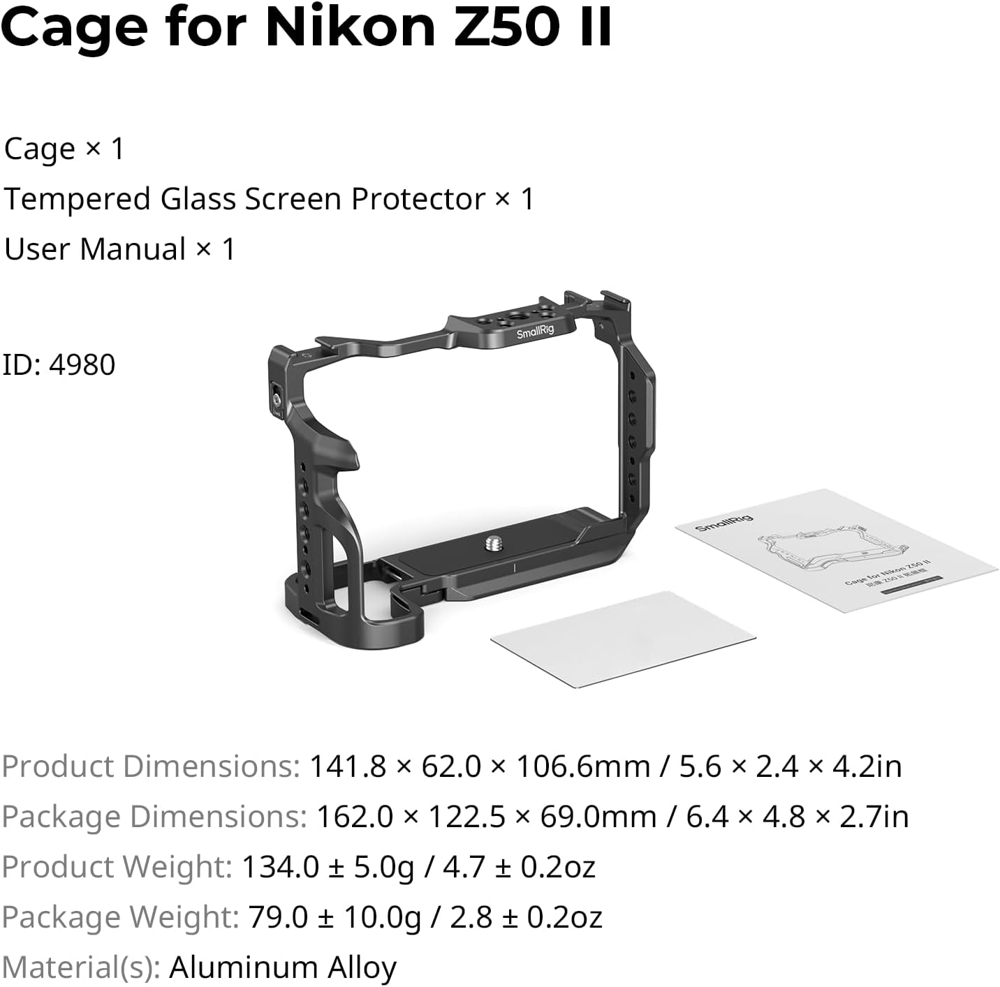 Thumbnail 6 de SmallRig Z50 II-Käfig für Nikon Z50 II – Aluminiumkäfig mit doppelter Blitzschuhhalterung, NATO-Schiene und Arca-Swiss Schnellwechselplatte (4980B)