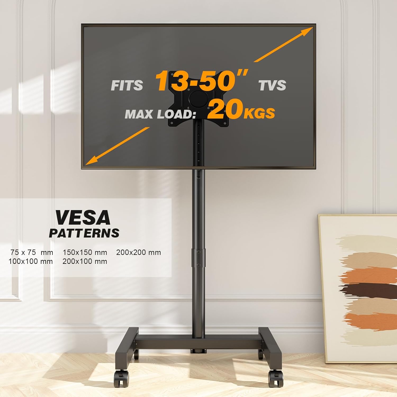 Thumbnail 6 de TVON Support TV sur pied à roulettes avec rotation 90° et inclinaison (VESA jusqu’à 200x200) pour télé de 13 à 50 pouces