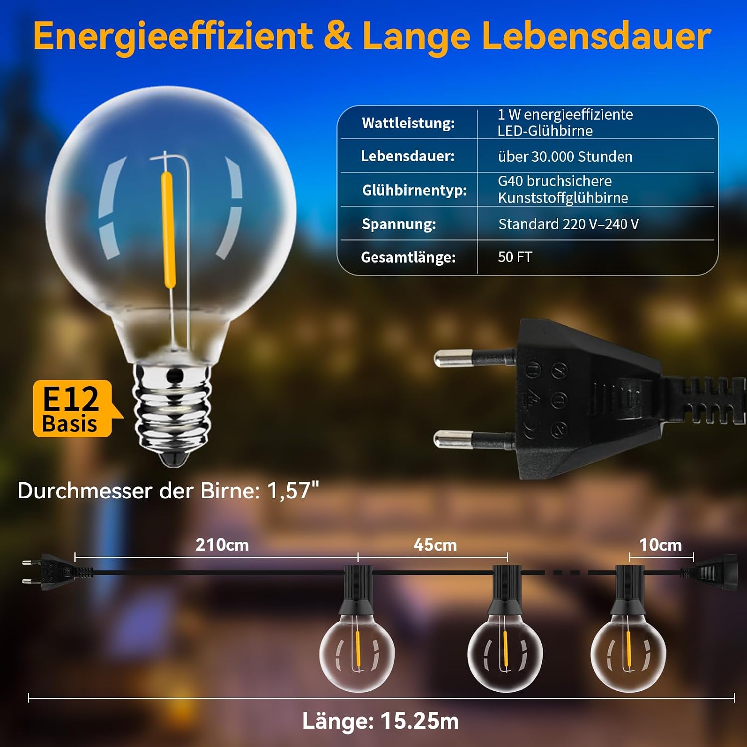 Detalle de AVANLO LED Lichterkette Außen 15 m – wetterfest & dimmbar kompatibel (30+2 Glühbirnen, IP44)