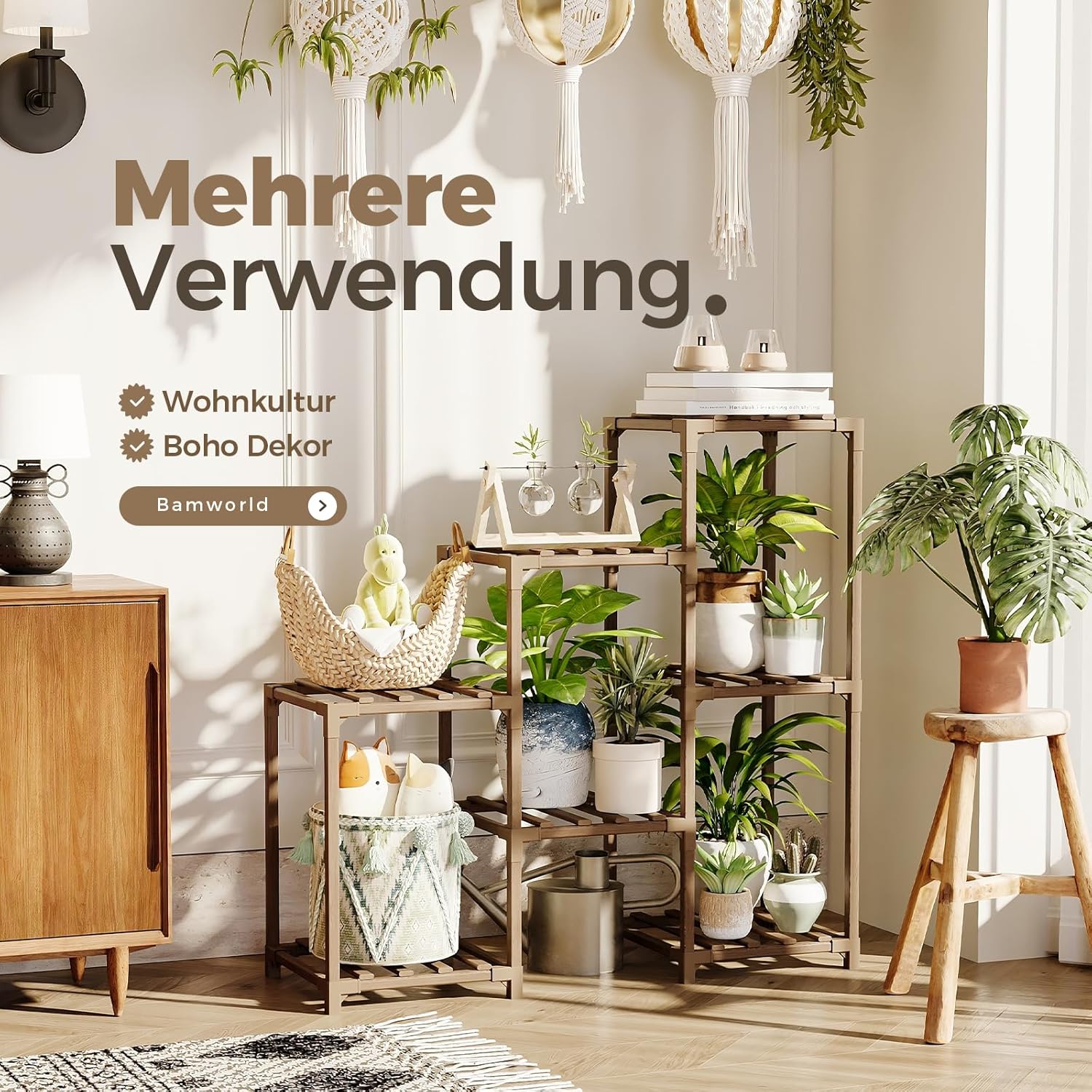 Detalle de Bamworld Pflanzenständer für 7 Etagen – Indoor & Outdoor Blumenregal mit Leiter-Design