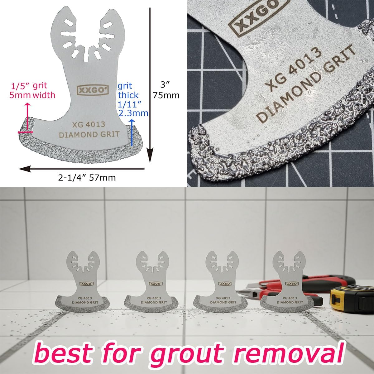 Detalle 2 de XXGO 4pc Diamond Multi Tool Blades for Grout Removal, Plaster & Mortar Cleanup (Compatible with Bosch / Dremel / Fein / Makita & more)