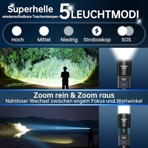 Detalle de Taschenlampe LED Aufladbar 2 Stück von TrixDock – USB-C, Zoom, LCD-Display, 5 Modi