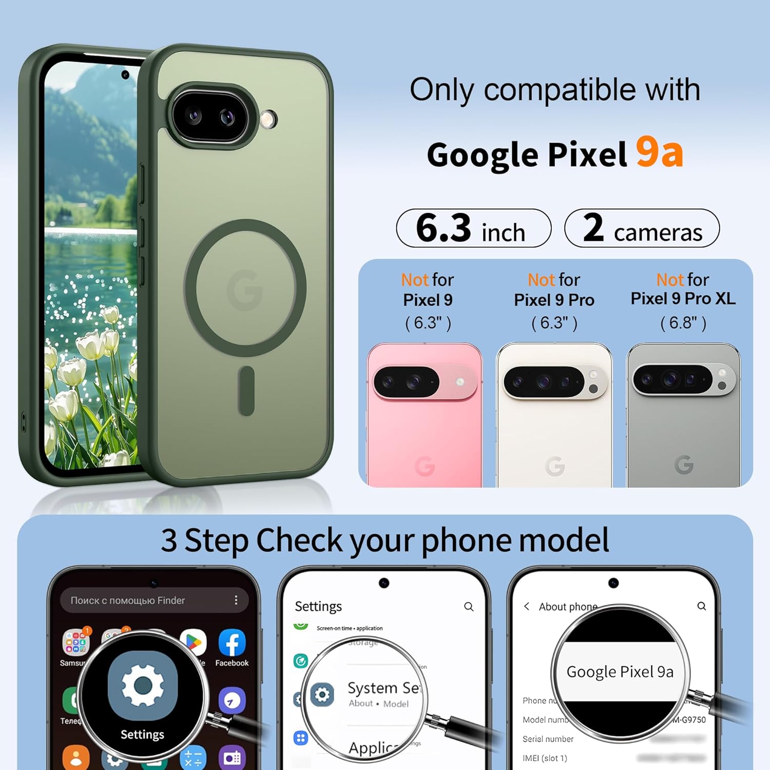 Thumbnail 1 de Jshru Magnetic Case for Google Pixel 9A – Sage Green (MagSafe Compatible) with 2x HD Screen Protectors