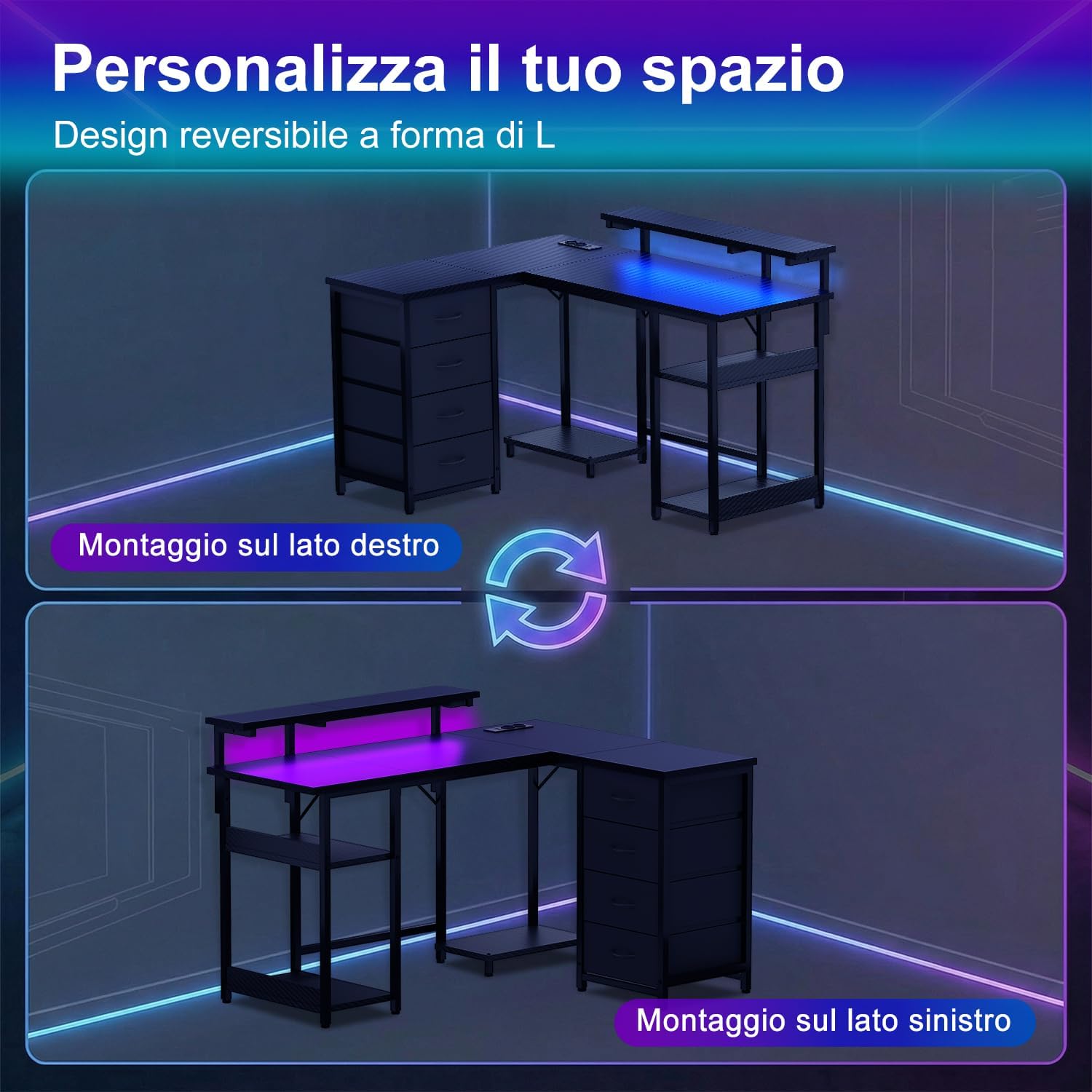 Thumbnail 4 de JUMMICO Scrivania Angolare a Forma di L 135 cm con Luci LED – Nero