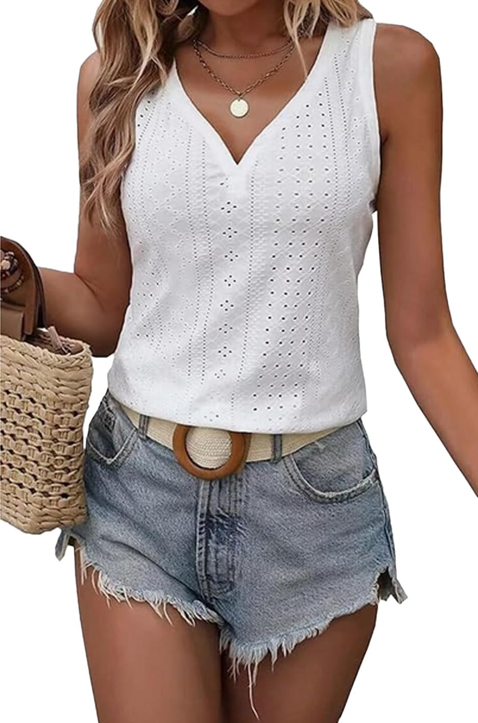 Thumbnail 5 de Qskall Women's Eyelet Embroidery Tank Top – Loose Fit V-Neck Summer Camisole