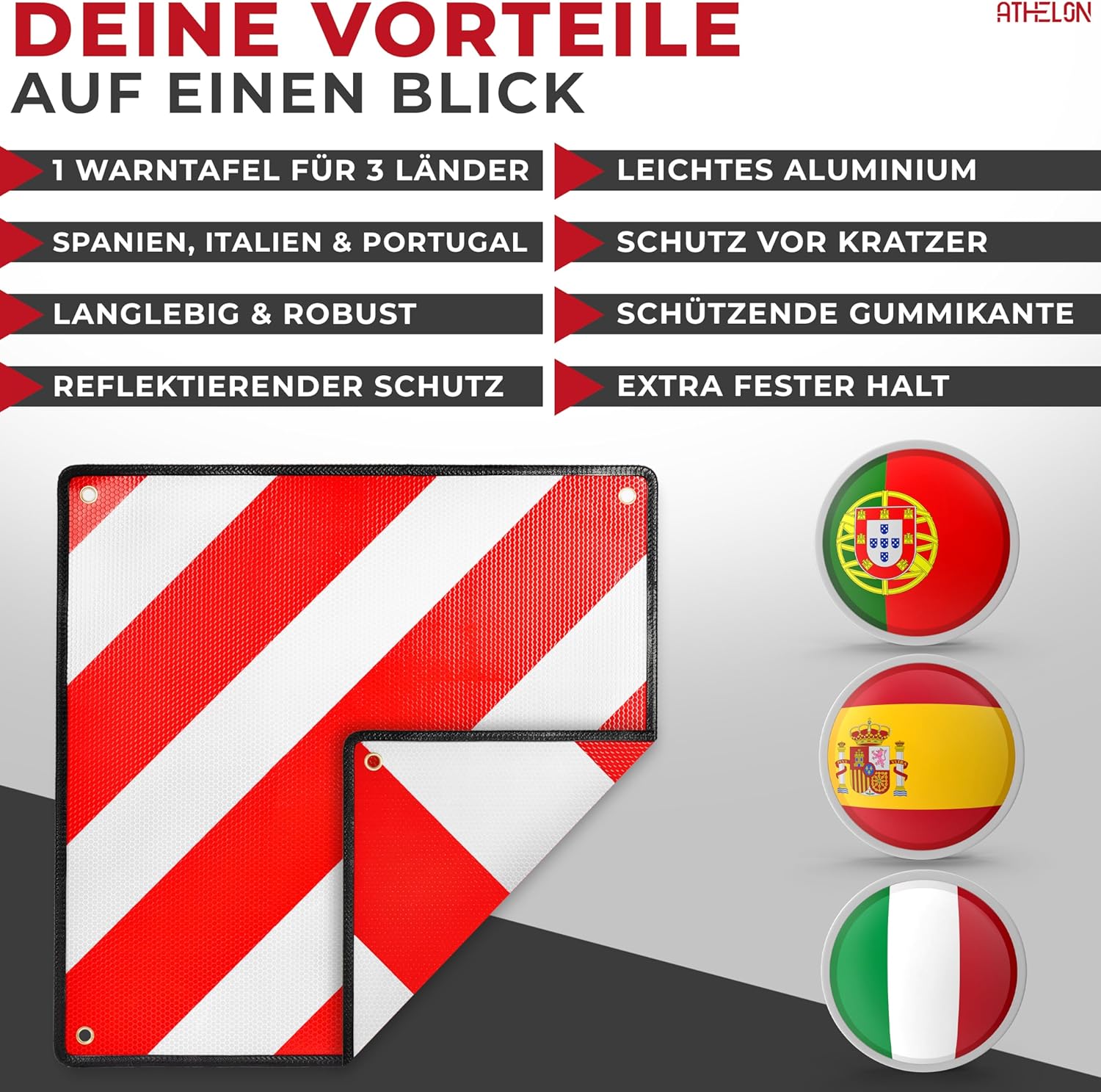 Thumbnail 6 de ATHELON 3in1 Warntafel Italien, Spanien & Portugal – wetterfestes Aluminium-Warnschild für Radträger und Wohnmobil