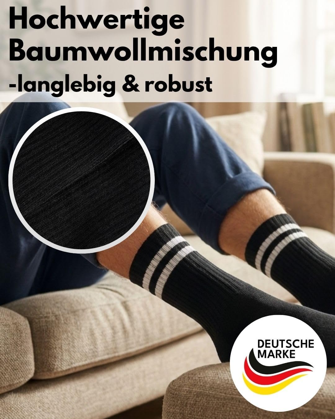 Detalle de sockenkauf24 Herren Tennissocken (6 Paar) – atmungsaktive Retro Crew-Sportsocken mit verstärkter Ferse & Fußspitze