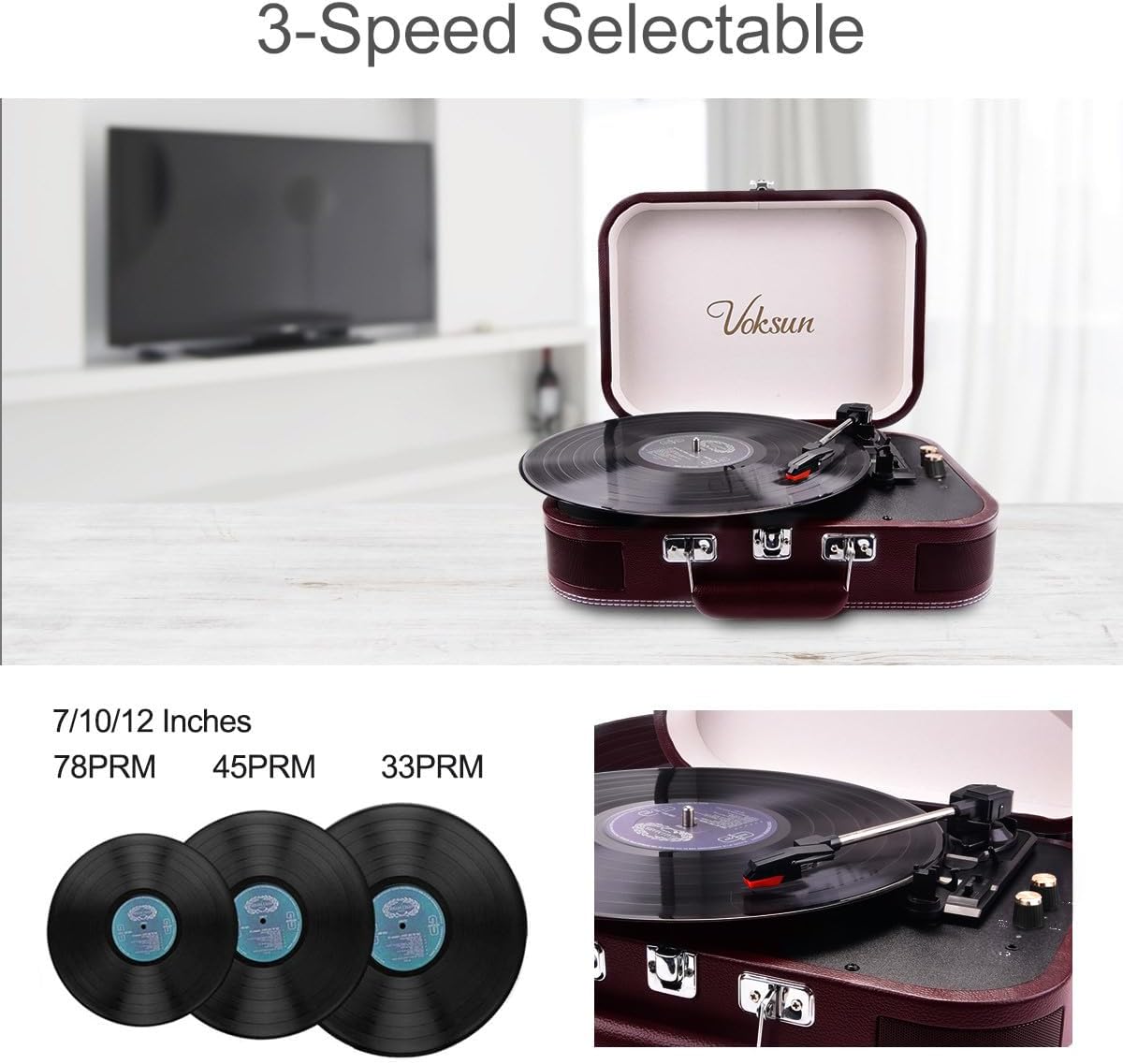 Detalle de VOKSUN S300 platenspeler met ingebouwde luidsprekers en USB-opname
