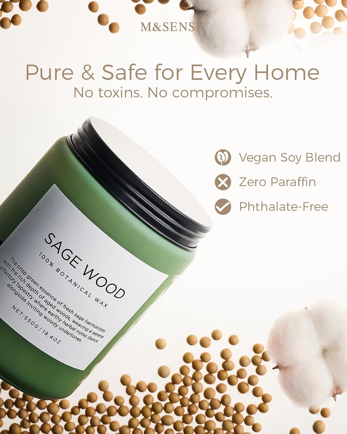 Detalle de M&SENSE Sage Wood Scented Candles for Home — 19.4oz All Natural Soy Wax, 110 Hours