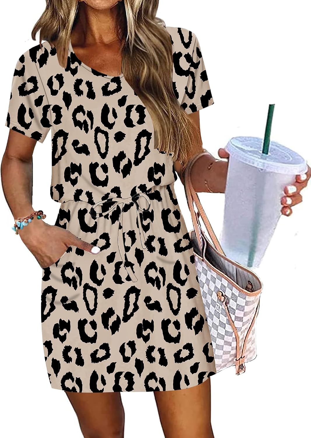 Detalle de WNEEDU Women's Summer Dress, V-Neck, Drawstring Waist and Side Pockets