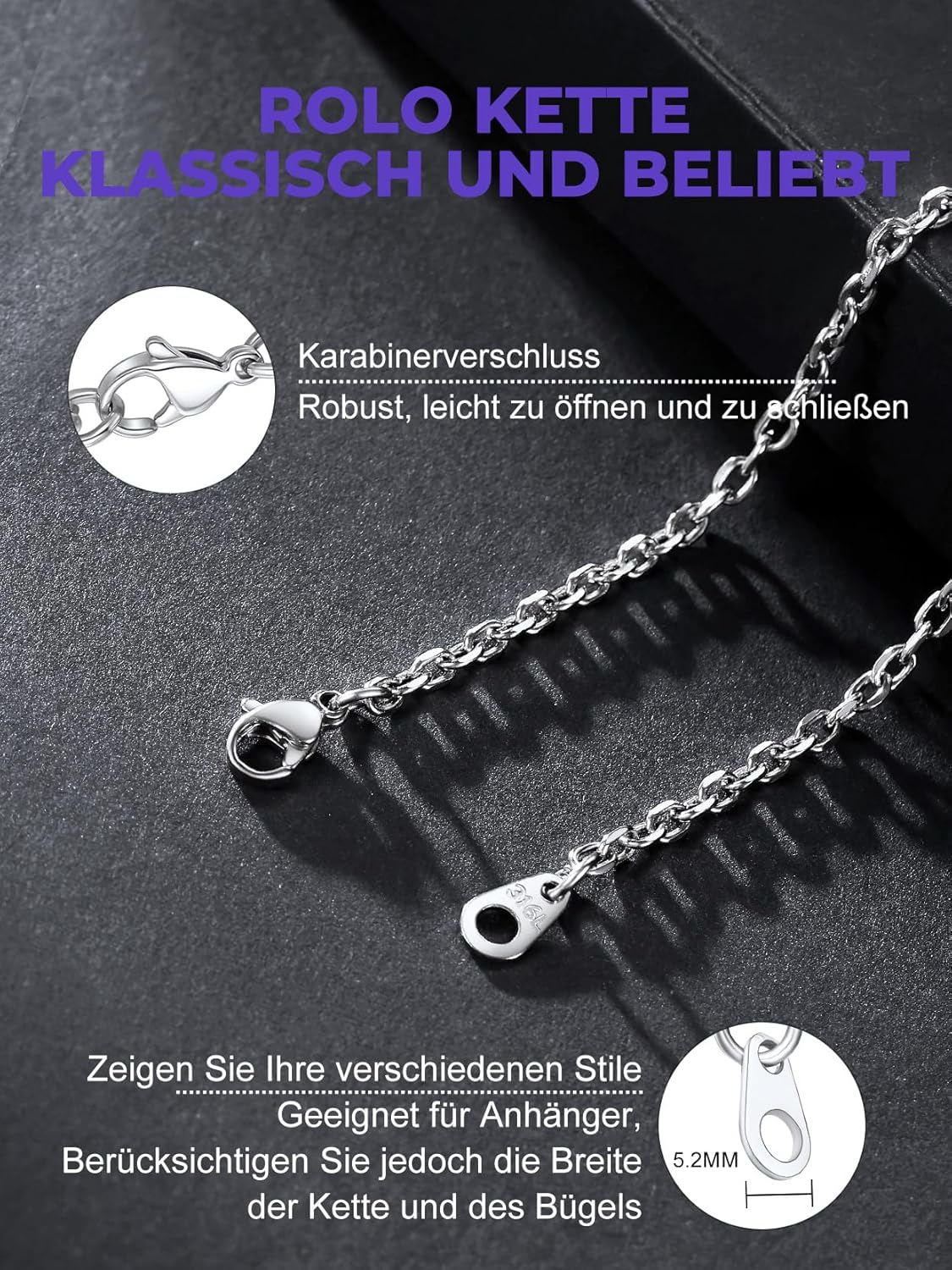 Thumbnail 3 de Richsteel ROLO Halskette Edelstahl – Breite 3/5/7/9/12 mm, Länge 46–76 cm, Silber/Schwarz/Gold