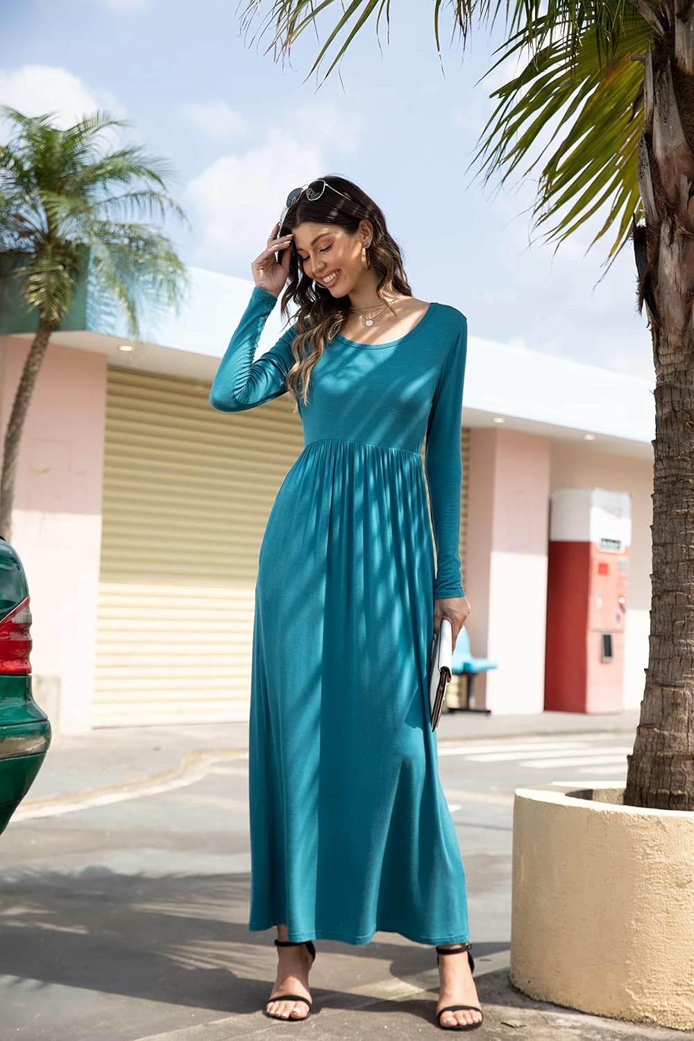 Detalle de DEARCASE Damen Maxi Kleid Sommer Mutterschaft Casual Langarm/Kurzarm Floral – Lose Passform, Taschen und Plusgröße