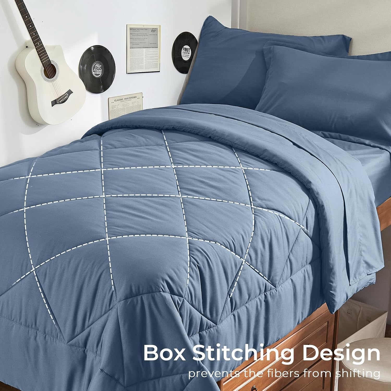 Detalle de HEVUMYI Twin XL Comforter Set, Dusty Blue Reversible 5-Piece Bed in a Bag